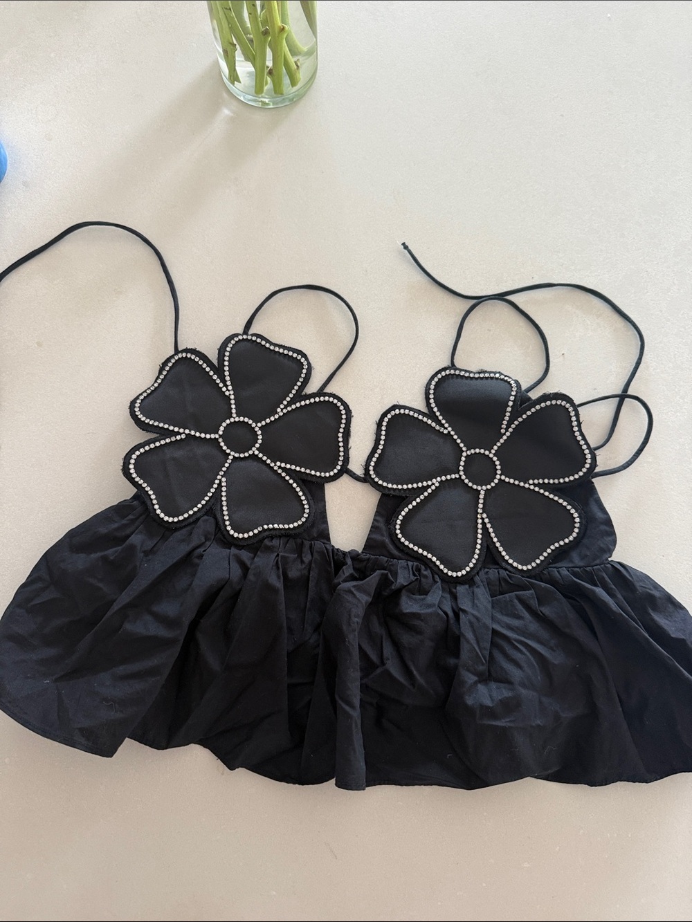 Zara Black Floral Appliqué Crop Top with Crystal Trim